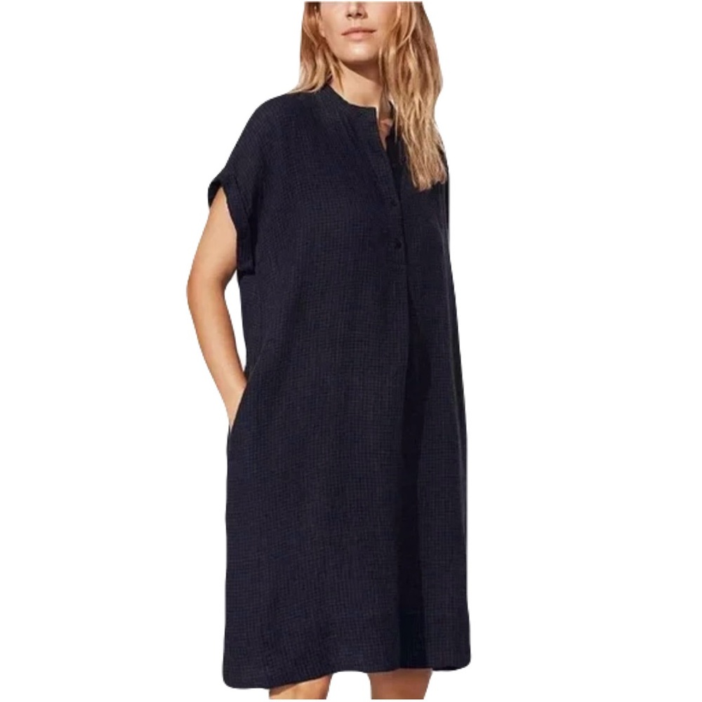 Eileen Fisher Puckered Linen Band Collar Shirt Dress in Plaid, Women’s Large